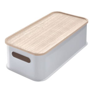 Šedý úložný box s víkem ze dřeva paulownia iDesign Eco Handled, 21,3 x 43 cm