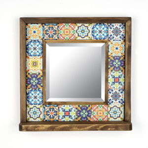 Nástěnné zrcadlo s poličkou a dřevěno-kamenným rámem 32.5x33 cm – Wallity