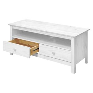 TV stolek se dvěma zásuvkami — masiv borovice, bílá, 110×39×47